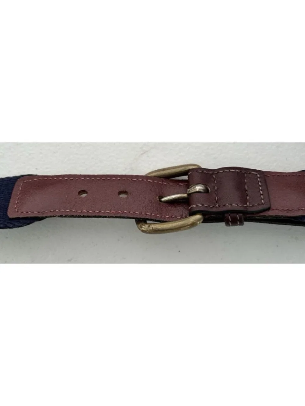 Vintage Navy Mahogany Webbed Leather Belt Netherlands Men’s Size 32 Brass Buckle